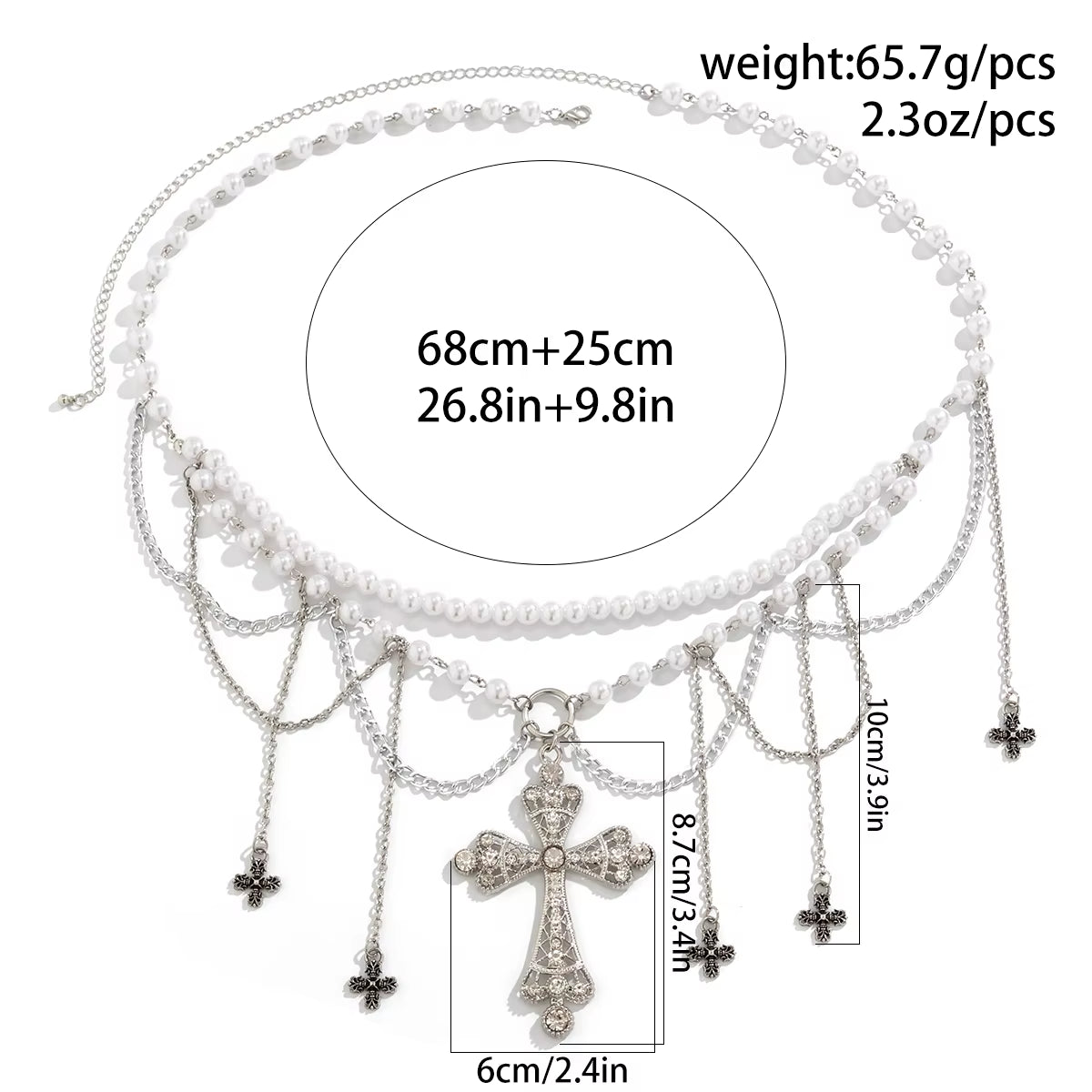 Salircon Steampunk Metal Mesh Tassel Cross Pendant Waist Chain Sexy Gothic Imitation Pearl Body Chain Women'S Bar Body Jewelry