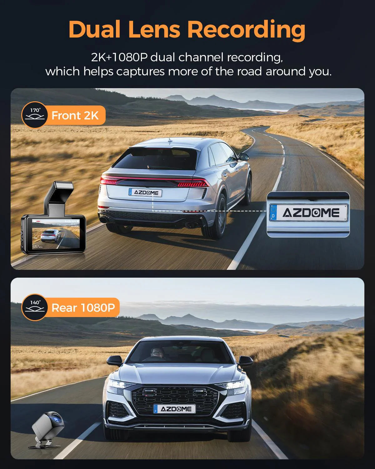 AZDOME M17 Pro 3.0 Inch ADAS Time Lapse Front and Rear 1080p Dual Lens Car Dashboard Camera App Control Car Camera