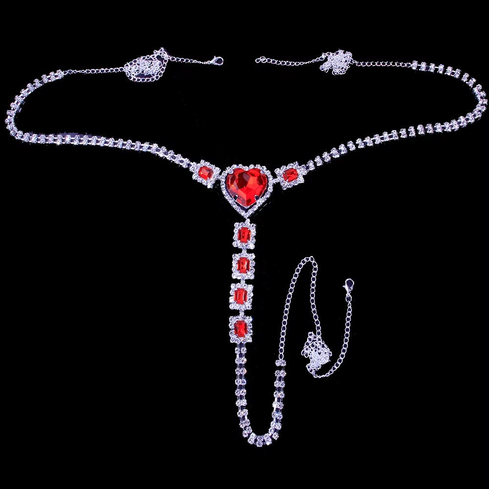 Sexy Body Chain Lingerie Red Crystal Thong Panties Jewelry for Women Silver Color Rhinestone Belly Waist Chain Body Jewelry Gift