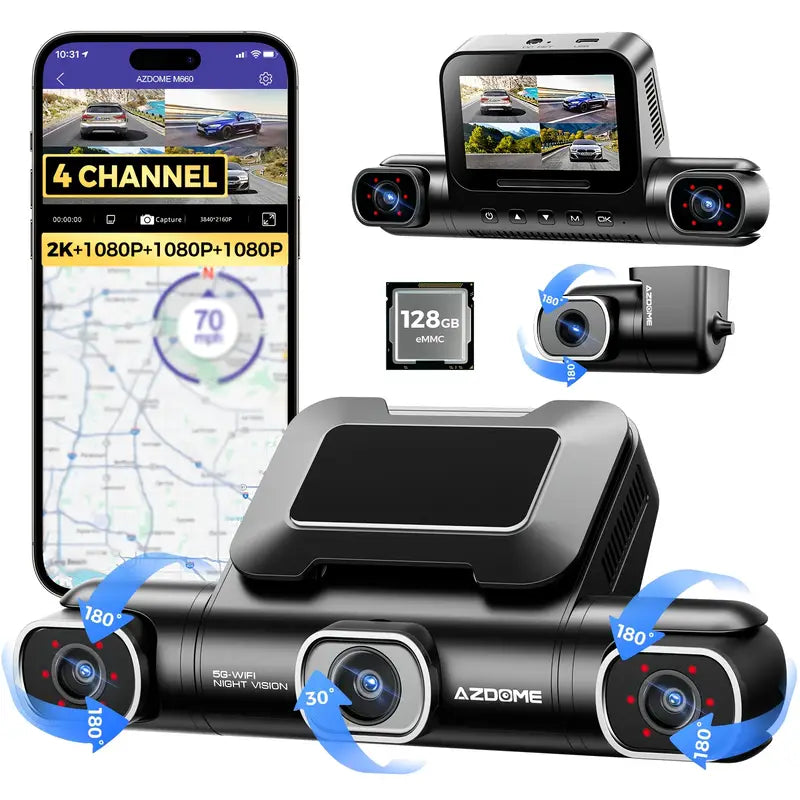 AZDOME M660 4 Channel 360ยฐ Dash Cam with 128GB eMMC, 2.5K+1K+1K+1K Dashcam
