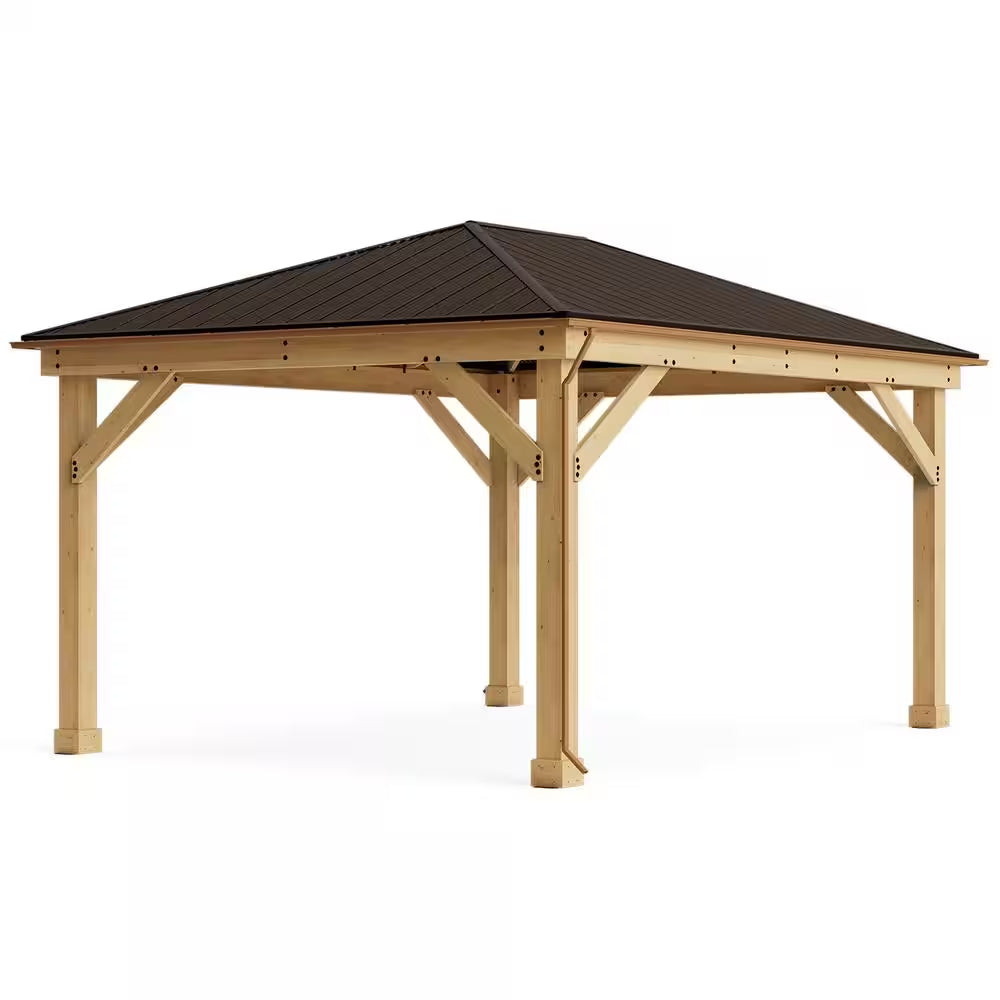 Meridian 12 Ft. X 16 Ft. Outdoor Patio Shade Gazebo with Coffee Brown Aluminum Roof and Rain Gutter Kit Included
