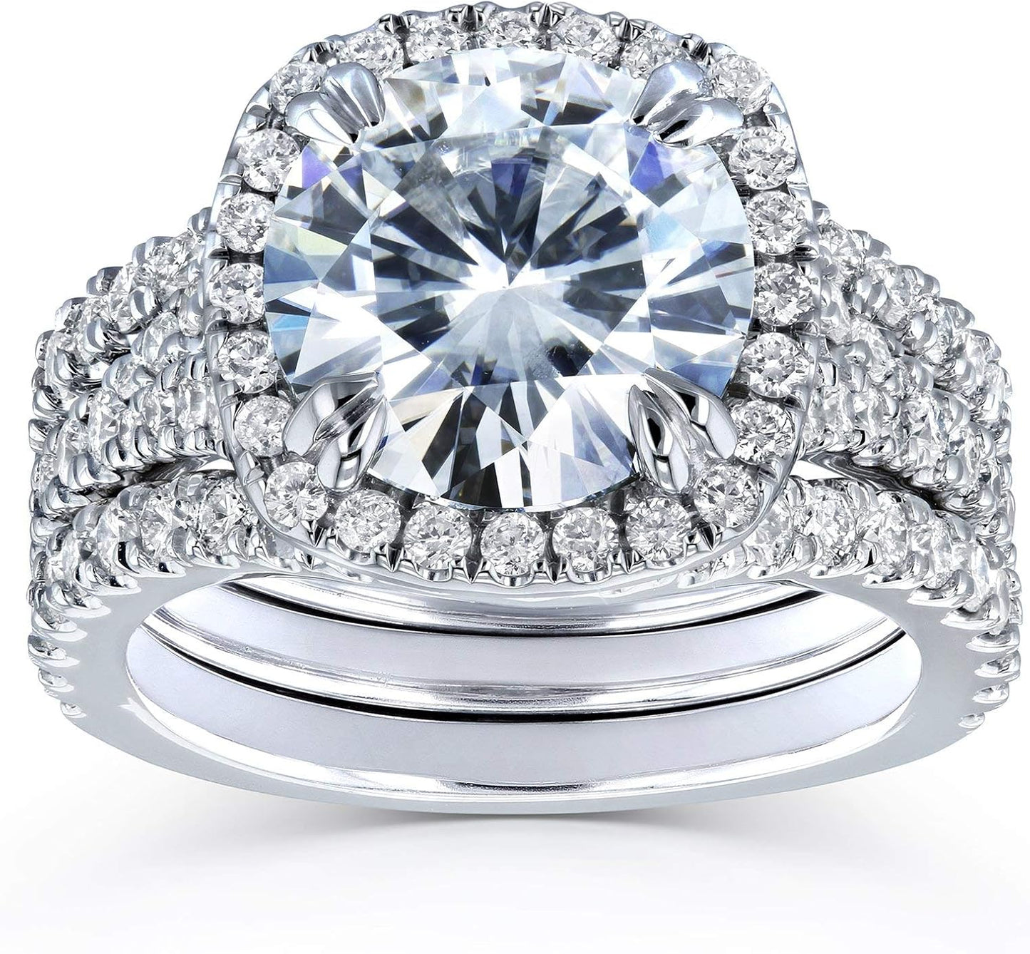 round Forever One D-F Moissanite Cushion Halo Bridal Wedding Set 4 1/3 CTW 14K White Gold 3 Piece Set