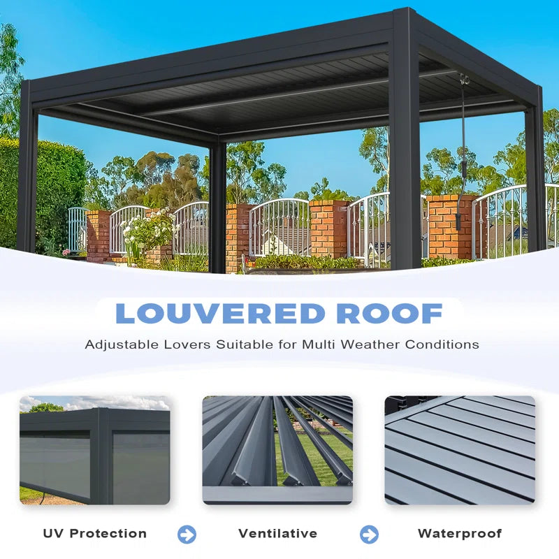13 Ft. W X 10 Ft. D Outdoor Louvered Pergola with Auto Adjustable Aluminum Rainproof Roof & Auto Curtains, Patio Pergola with Light String & Remote Controller, Black