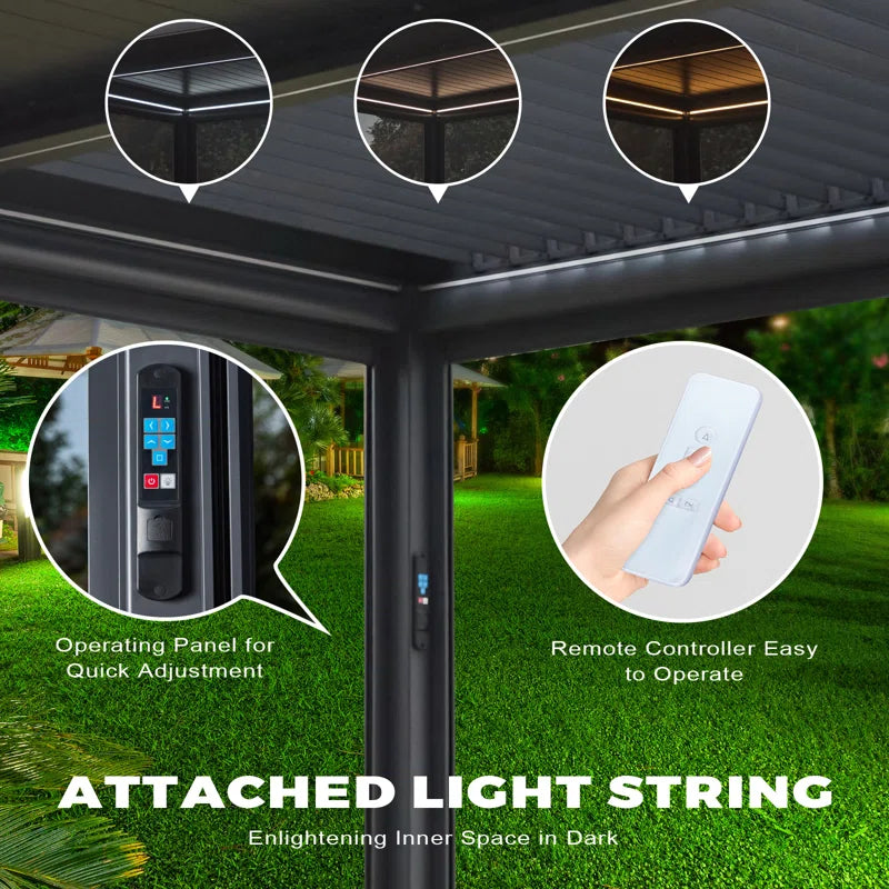 13 Ft. W X 10 Ft. D Outdoor Louvered Pergola with Auto Adjustable Aluminum Rainproof Roof & Auto Curtains, Patio Pergola with Light String & Remote Controller, Black