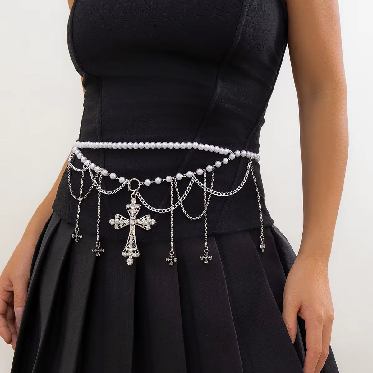 Salircon Steampunk Metal Mesh Tassel Cross Pendant Waist Chain Sexy Gothic Imitation Pearl Body Chain Women'S Bar Body Jewelry