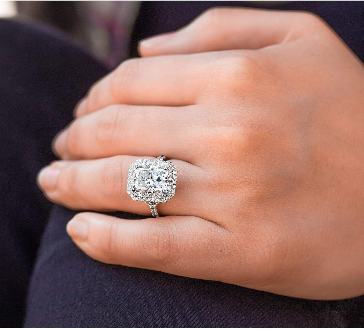 Large Radiant Double Halo Moissanite Ring (DEF/VS, GH/I)