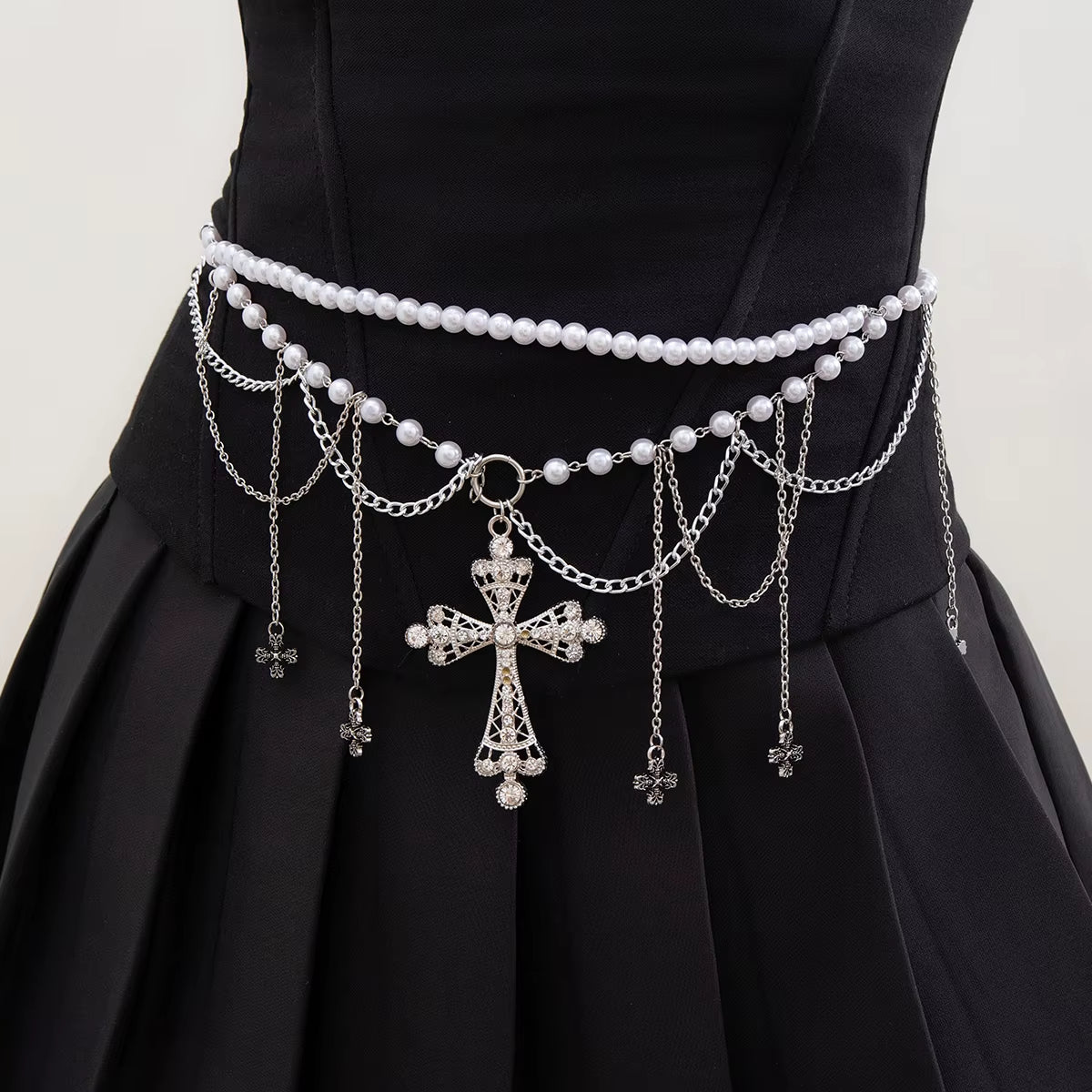 Salircon Steampunk Metal Mesh Tassel Cross Pendant Waist Chain Sexy Gothic Imitation Pearl Body Chain Women'S Bar Body Jewelry