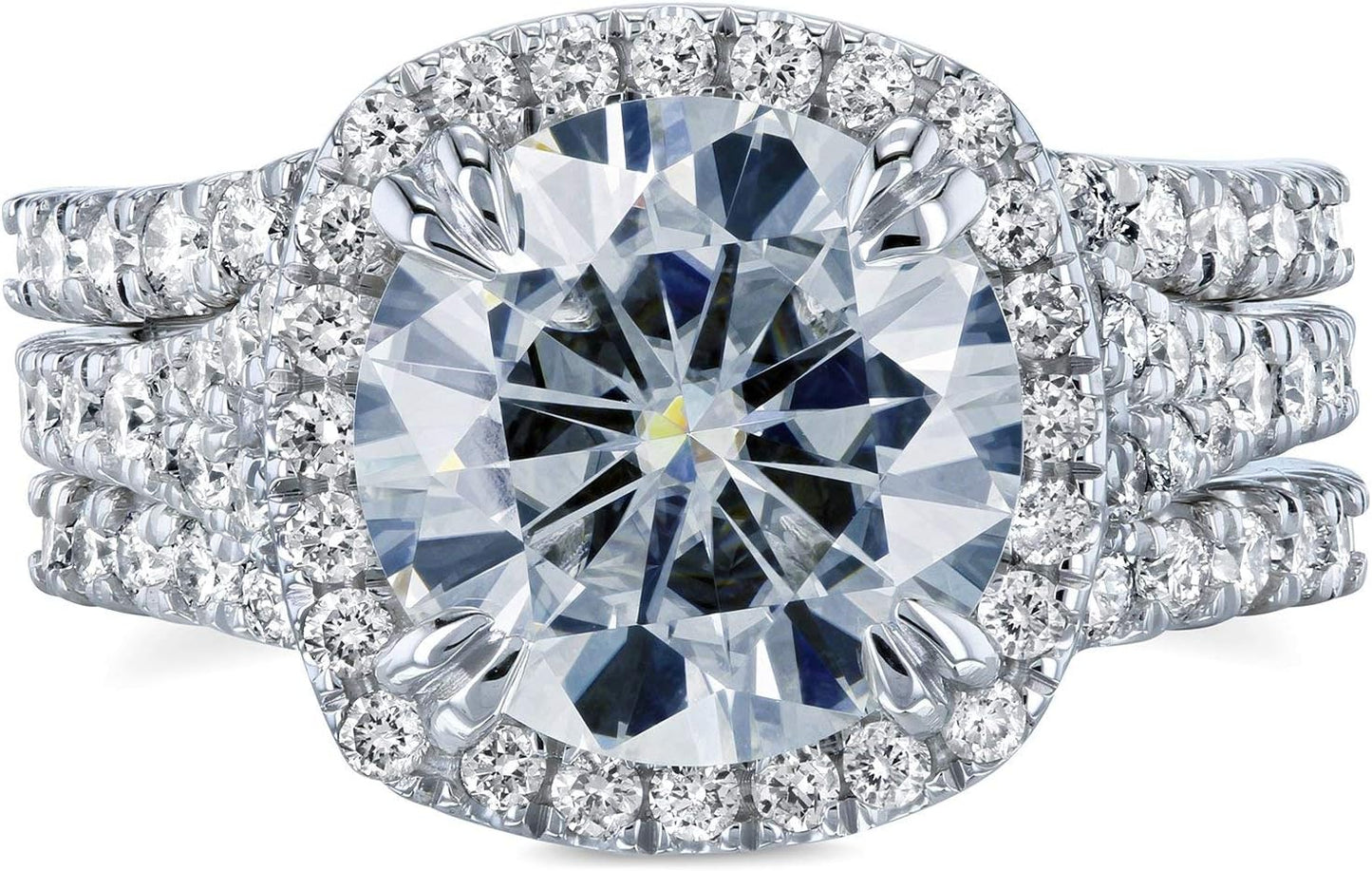 round Forever One D-F Moissanite Cushion Halo Bridal Wedding Set 4 1/3 CTW 14K White Gold 3 Piece Set