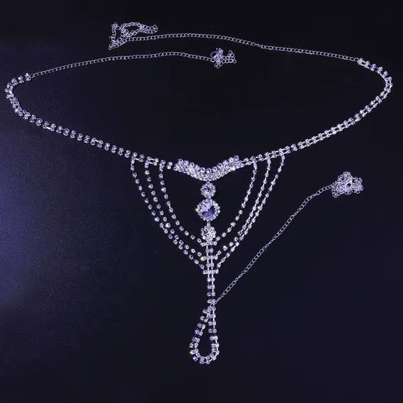 Sexy Body Chain Lingerie Red Crystal Thong Panties Jewelry for Women Silver Color Rhinestone Belly Waist Chain Body Jewelry Gift