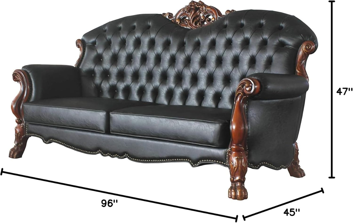 Dresden Faux Leather Tufted Sofa with 5 Pillows in Black and Cherry Oak