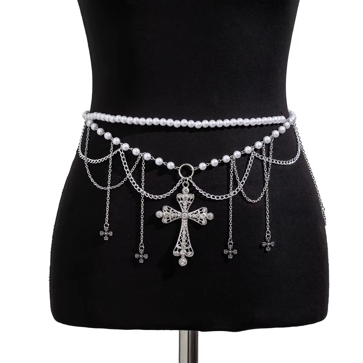 Salircon Steampunk Metal Mesh Tassel Cross Pendant Waist Chain Sexy Gothic Imitation Pearl Body Chain Women'S Bar Body Jewelry
