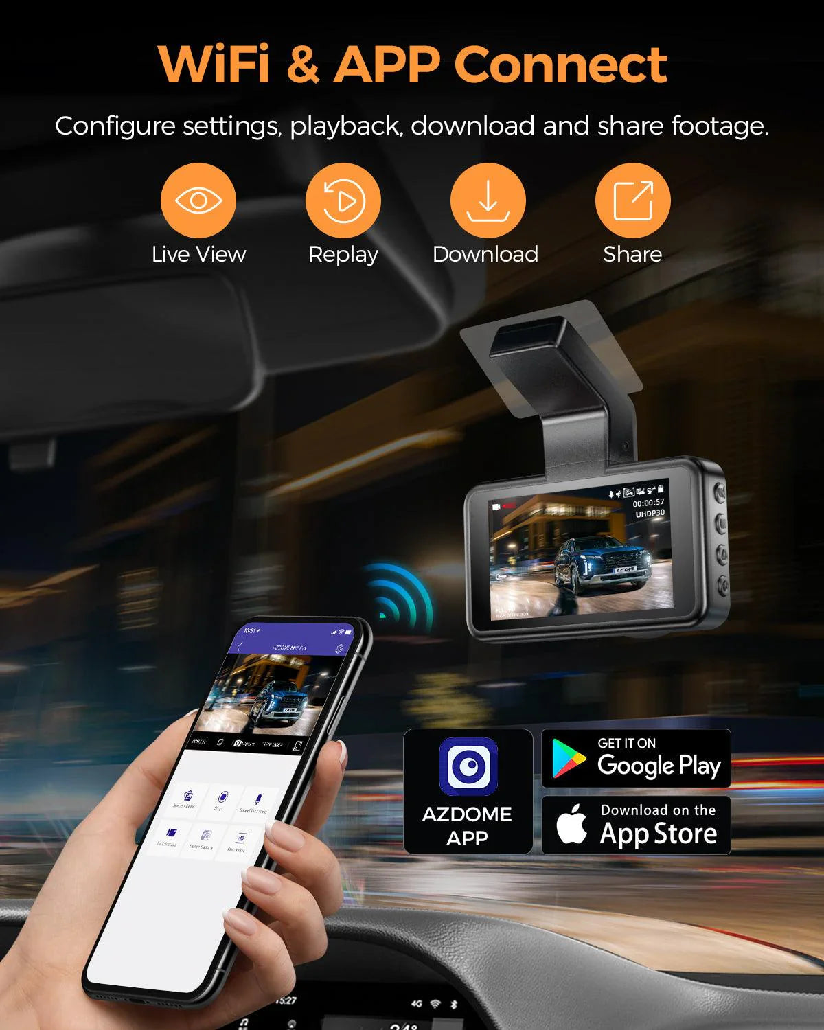 AZDOME M17 Pro 3.0 Inch ADAS Time Lapse Front and Rear 1080p Dual Lens Car Dashboard Camera App Control Car Camera
