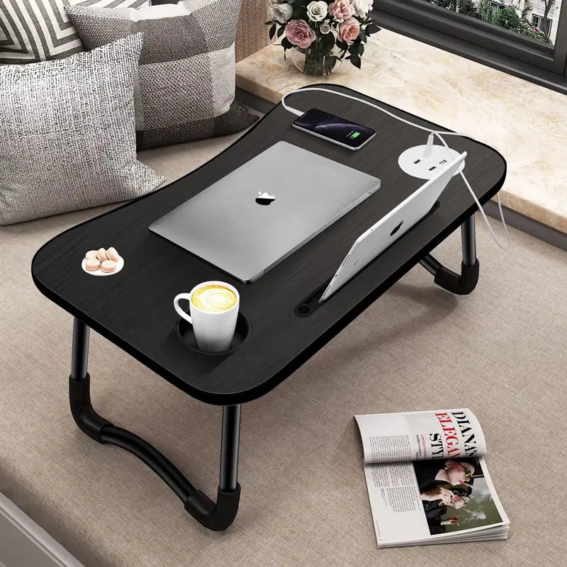 Laptop Desk Bed Table Tray Folding Breakfast Table Portable Lap Standing Desk Notebook Stand Reading Holder for Bed/Sofa Large Lap Desk with USB-Charger and Cup-Holder-2