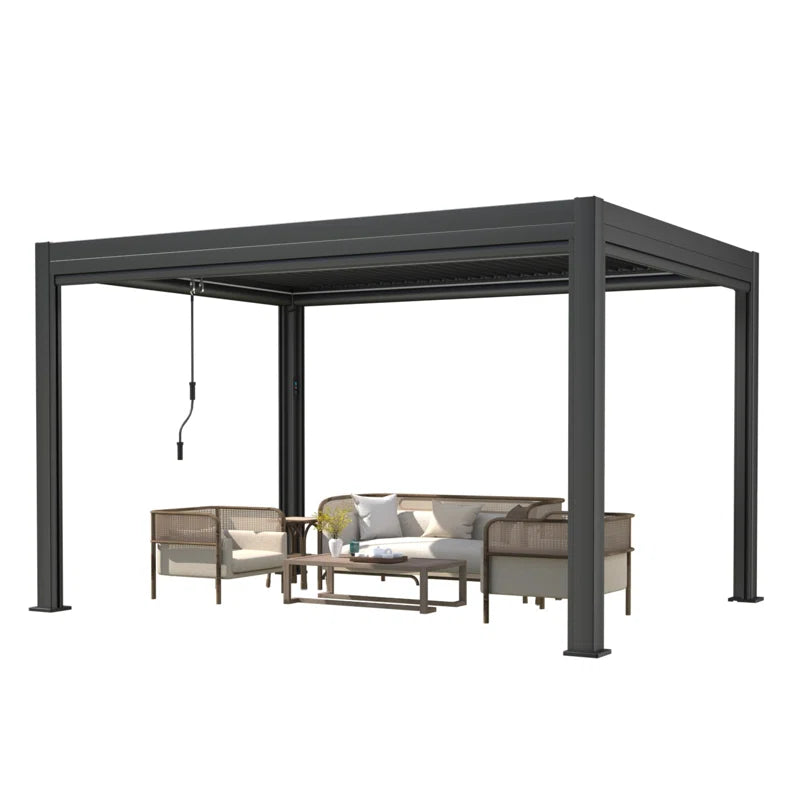 13 Ft. W X 10 Ft. D Outdoor Louvered Pergola with Auto Adjustable Aluminum Rainproof Roof & Auto Curtains, Patio Pergola with Light String & Remote Controller, Black