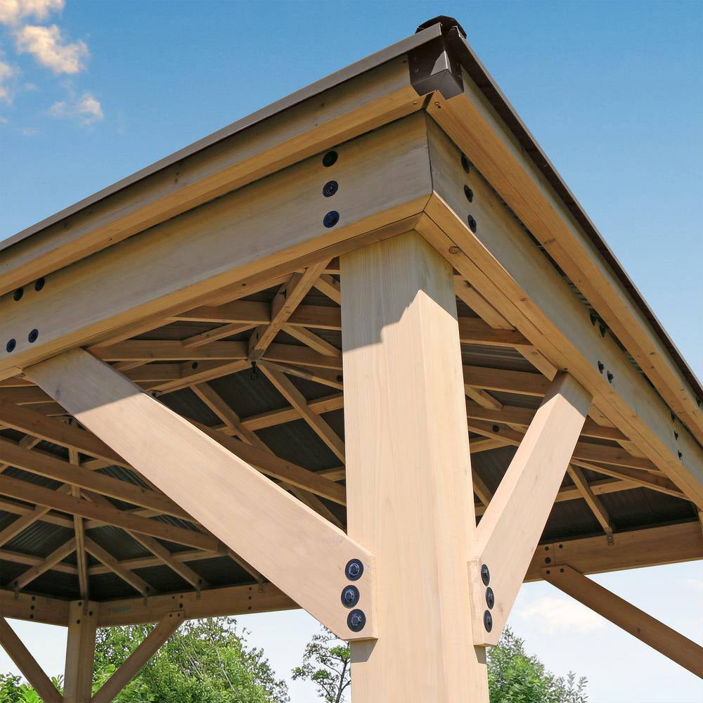 Meridian 12 Ft. X 16 Ft. Outdoor Patio Shade Gazebo with Coffee Brown Aluminum Roof and Rain Gutter Kit Included