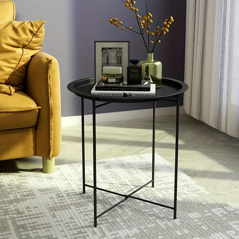 1 tier Black Round Coffee Table with Detachable Tray - Metal Edge Design-3