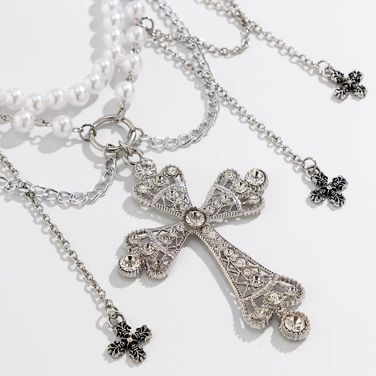 Salircon Steampunk Metal Mesh Tassel Cross Pendant Waist Chain Sexy Gothic Imitation Pearl Body Chain Women'S Bar Body Jewelry