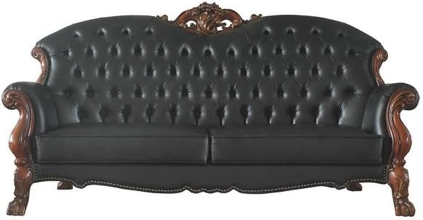 Dresden Faux Leather Tufted Sofa with 5 Pillows in Black and Cherry Oak