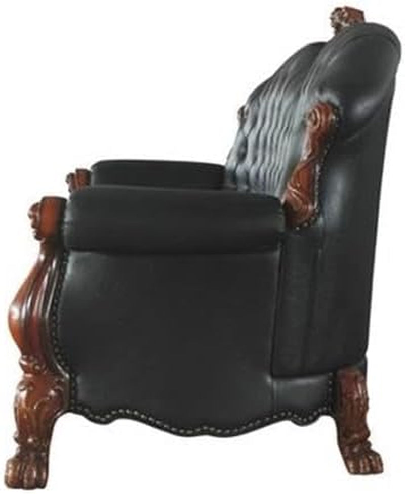 Dresden Faux Leather Tufted Sofa with 5 Pillows in Black and Cherry Oak