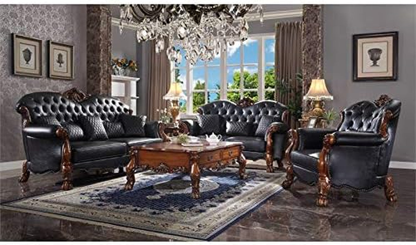 Dresden Faux Leather Tufted Sofa with 5 Pillows in Black and Cherry Oak