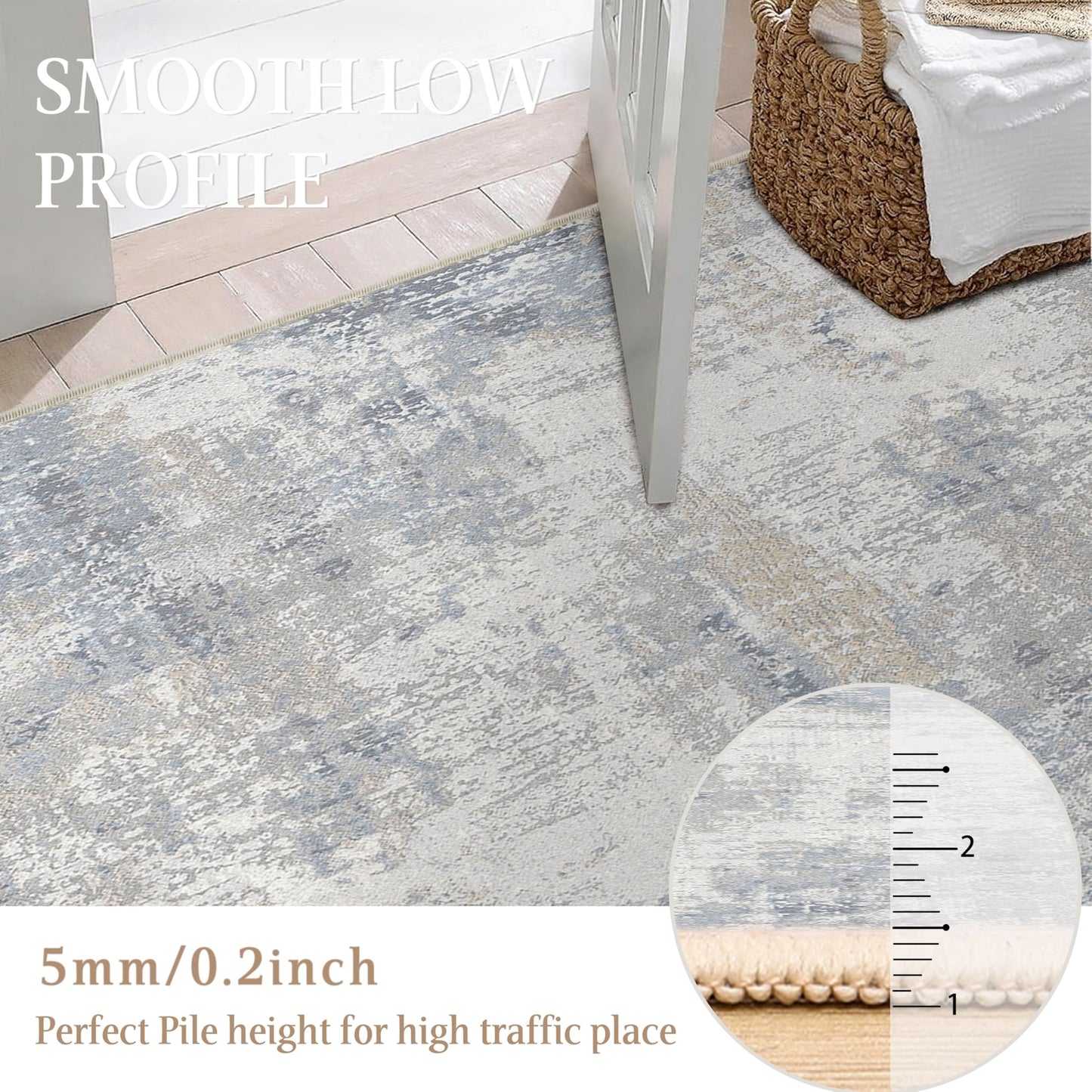 6X9 Washable Area Rug Blue Cream Neutral Abstract Living Room Bedroom Large T...
