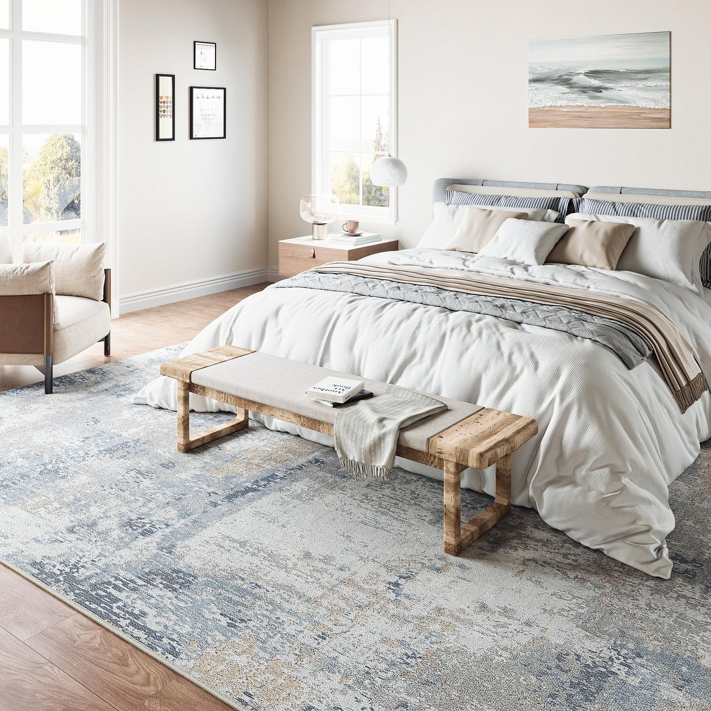 6X9 Washable Area Rug Blue Cream Neutral Abstract Living Room Bedroom Large T...