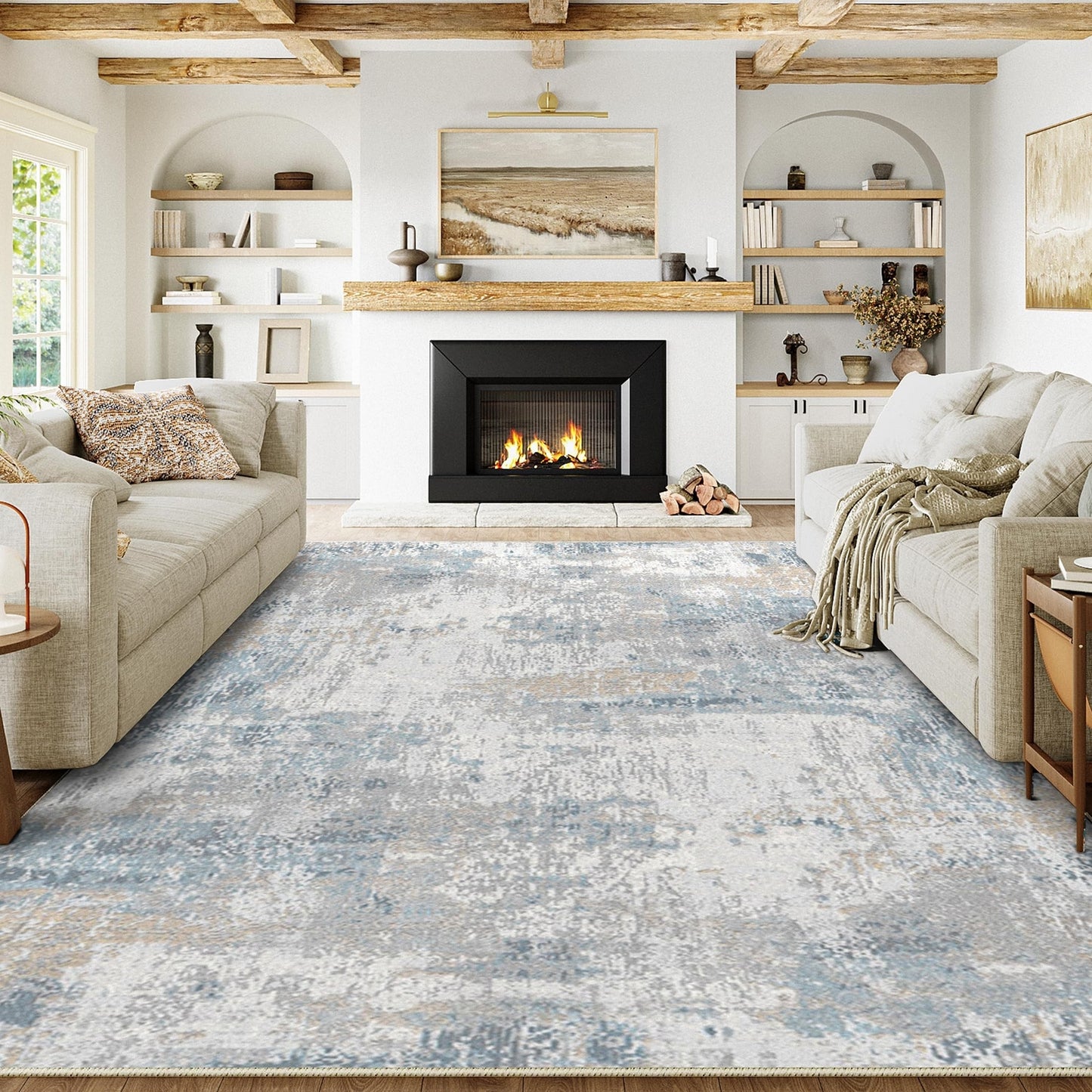 6X9 Washable Area Rug Blue Cream Neutral Abstract Living Room Bedroom Large T...