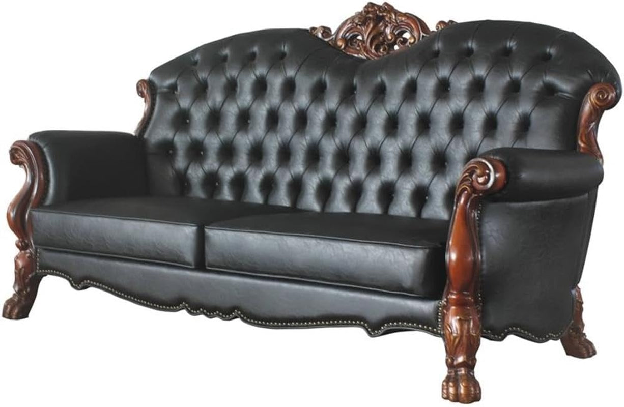 Dresden Faux Leather Tufted Sofa with 5 Pillows in Black and Cherry Oak