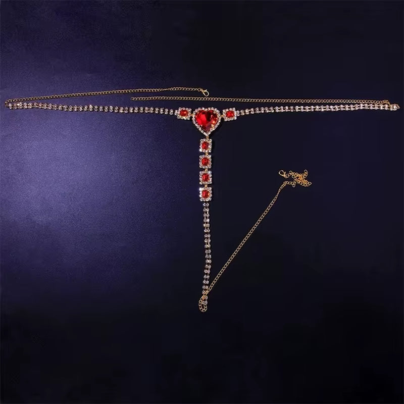 Sexy Body Chain Lingerie Red Crystal Thong Panties Jewelry for Women Silver Color Rhinestone Belly Waist Chain Body Jewelry Gift