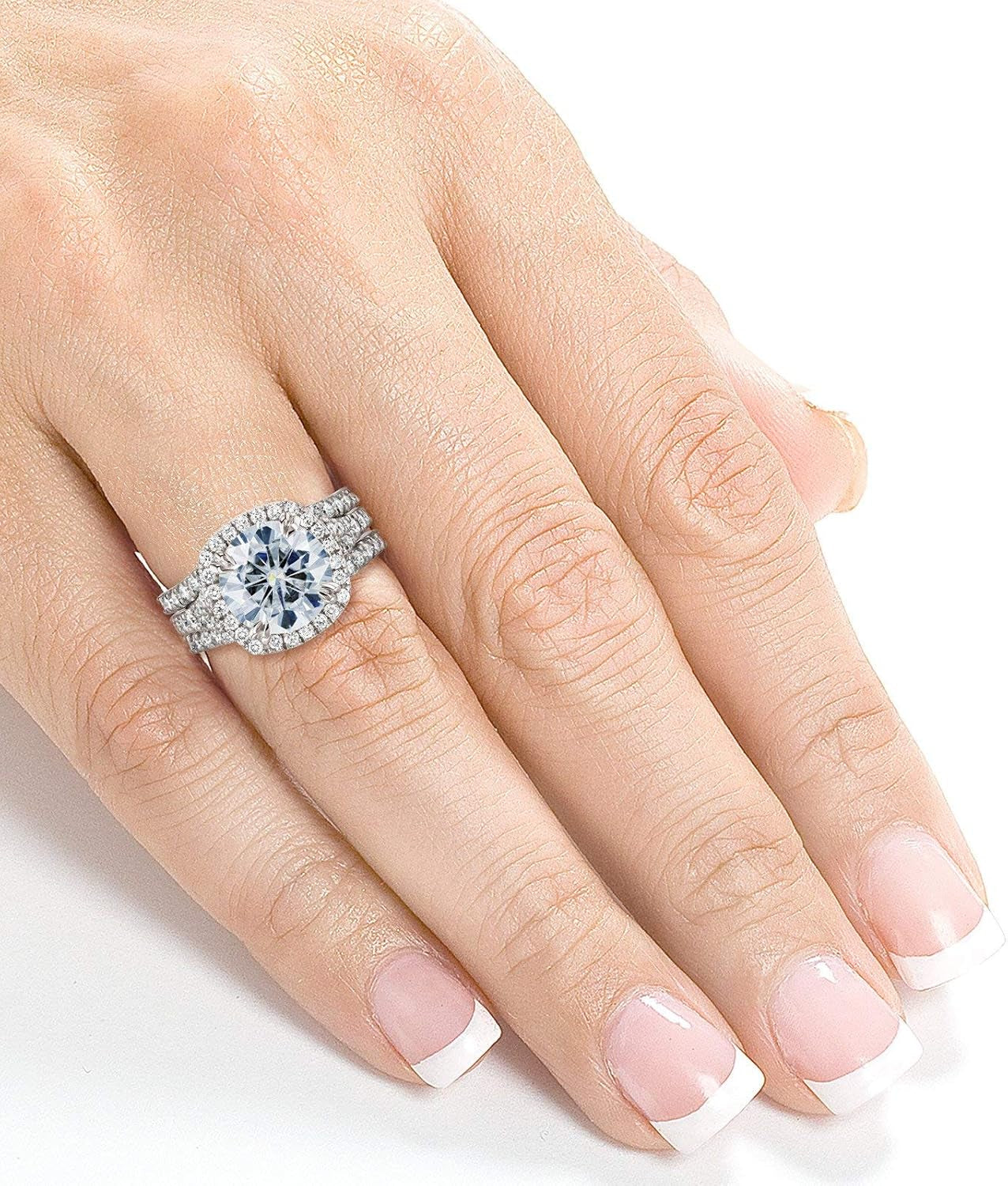 round Forever One D-F Moissanite Cushion Halo Bridal Wedding Set 4 1/3 CTW 14K White Gold 3 Piece Set