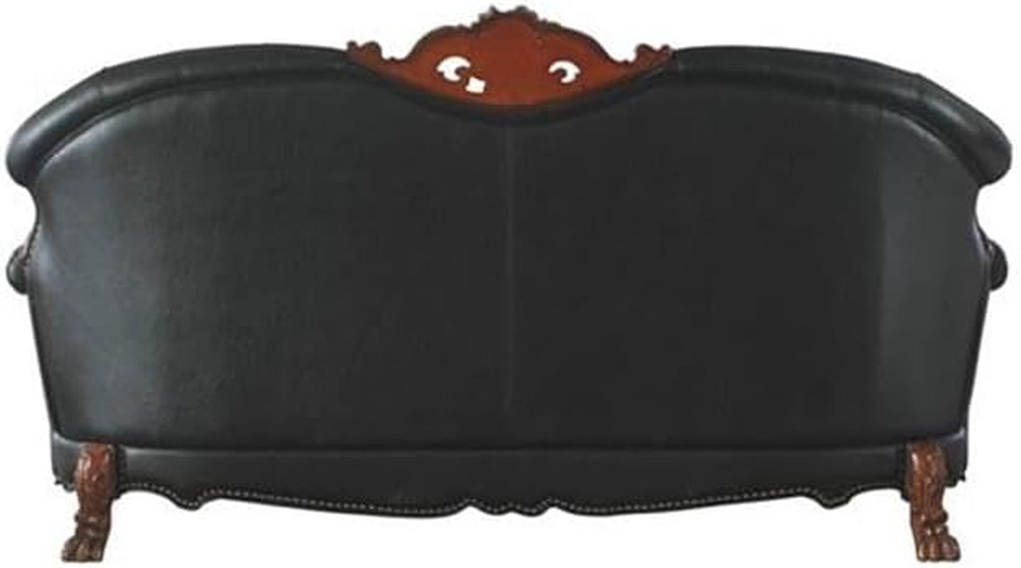 Dresden Faux Leather Tufted Sofa with 5 Pillows in Black and Cherry Oak