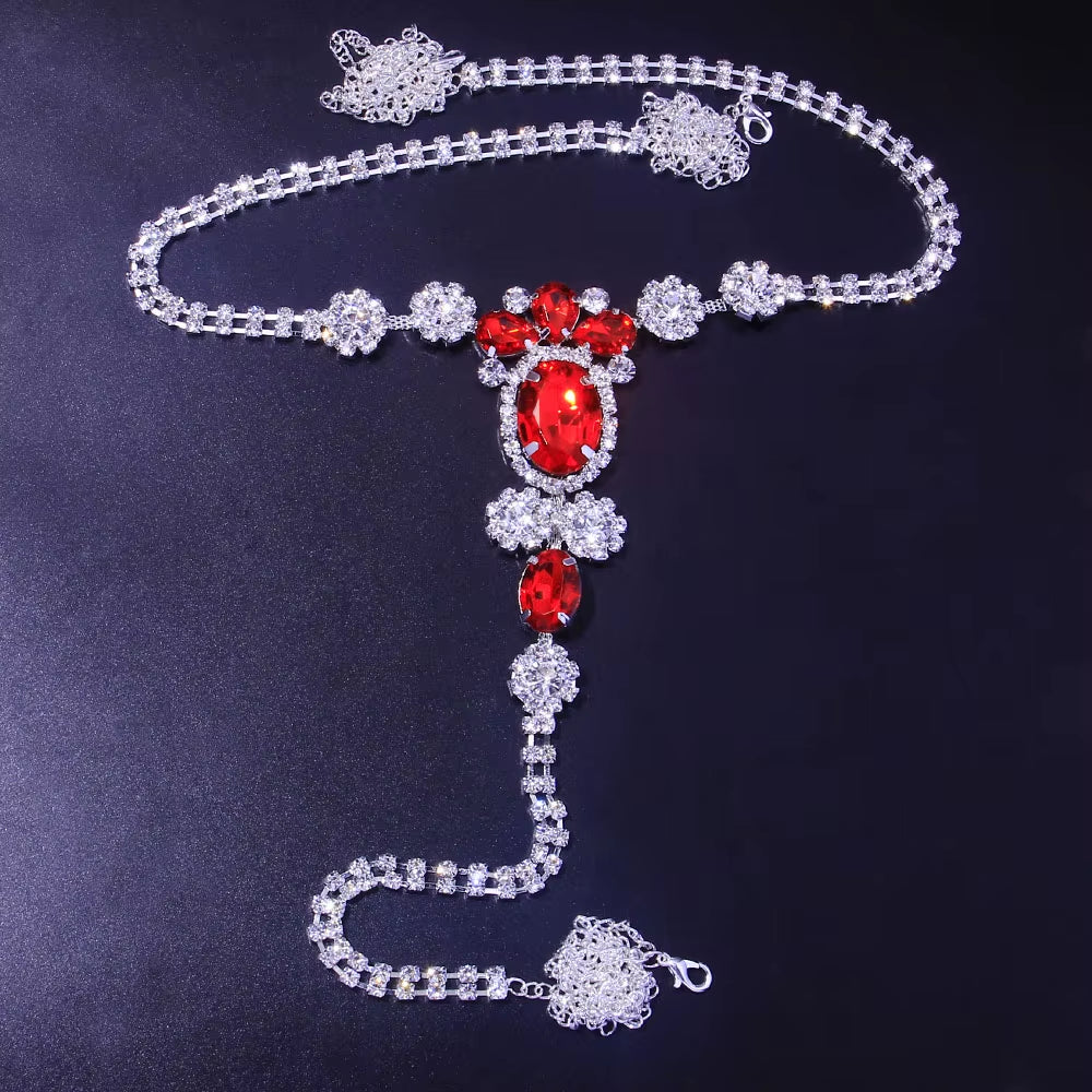 Sexy Body Chain Lingerie Red Crystal Thong Panties Jewelry for Women Silver Color Rhinestone Belly Waist Chain Body Jewelry Gift