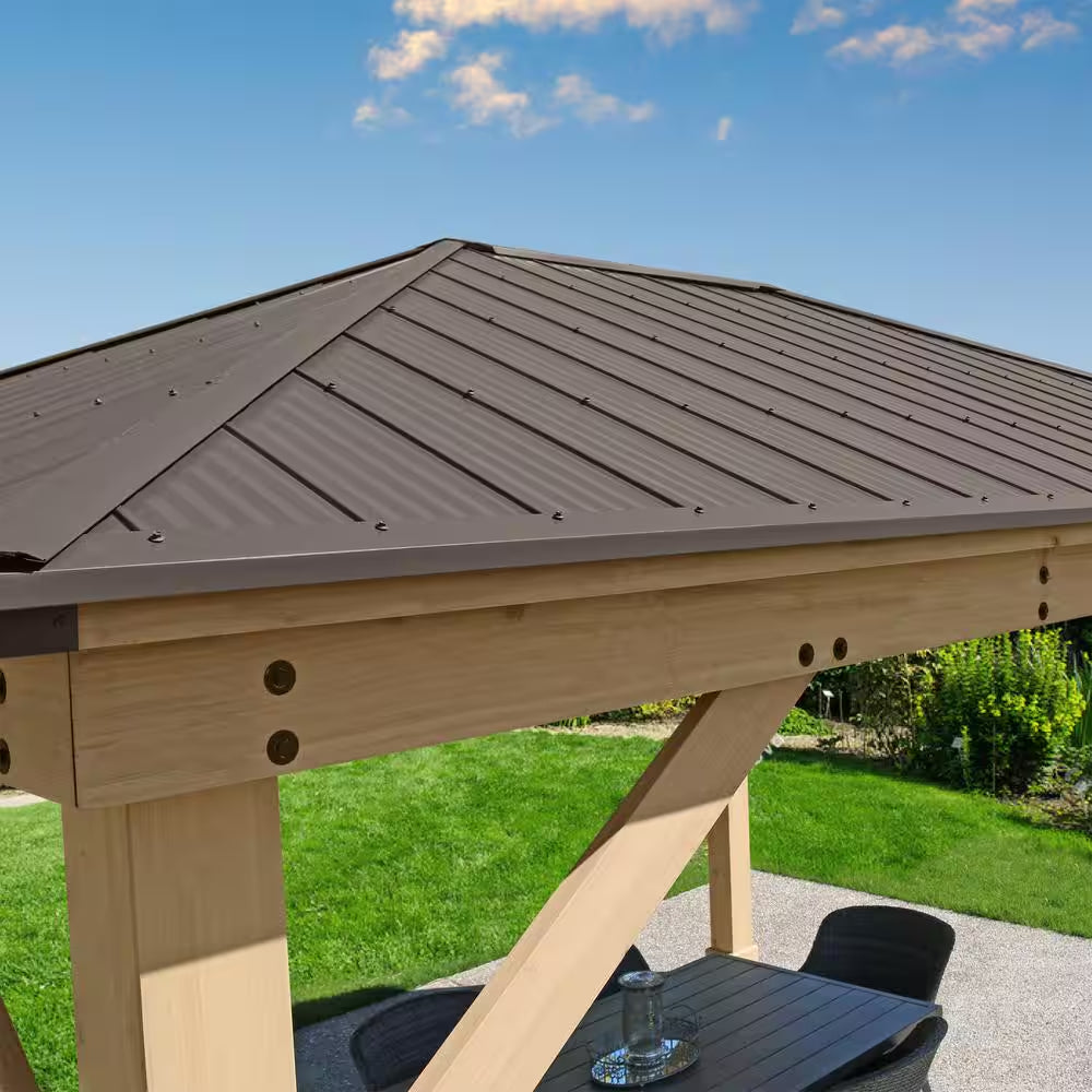 Meridian 12 Ft. X 16 Ft. Outdoor Patio Shade Gazebo with Coffee Brown Aluminum Roof and Rain Gutter Kit Included