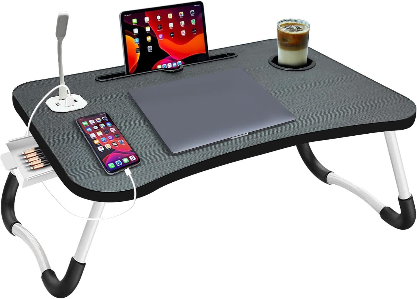 Laptop Desk Bed Table Tray Folding Breakfast Table Portable Lap Standing Desk Notebook Stand Reading Holder for Bed/Sofa Large Lap Desk with USB-Charger and Cup-Holder-0