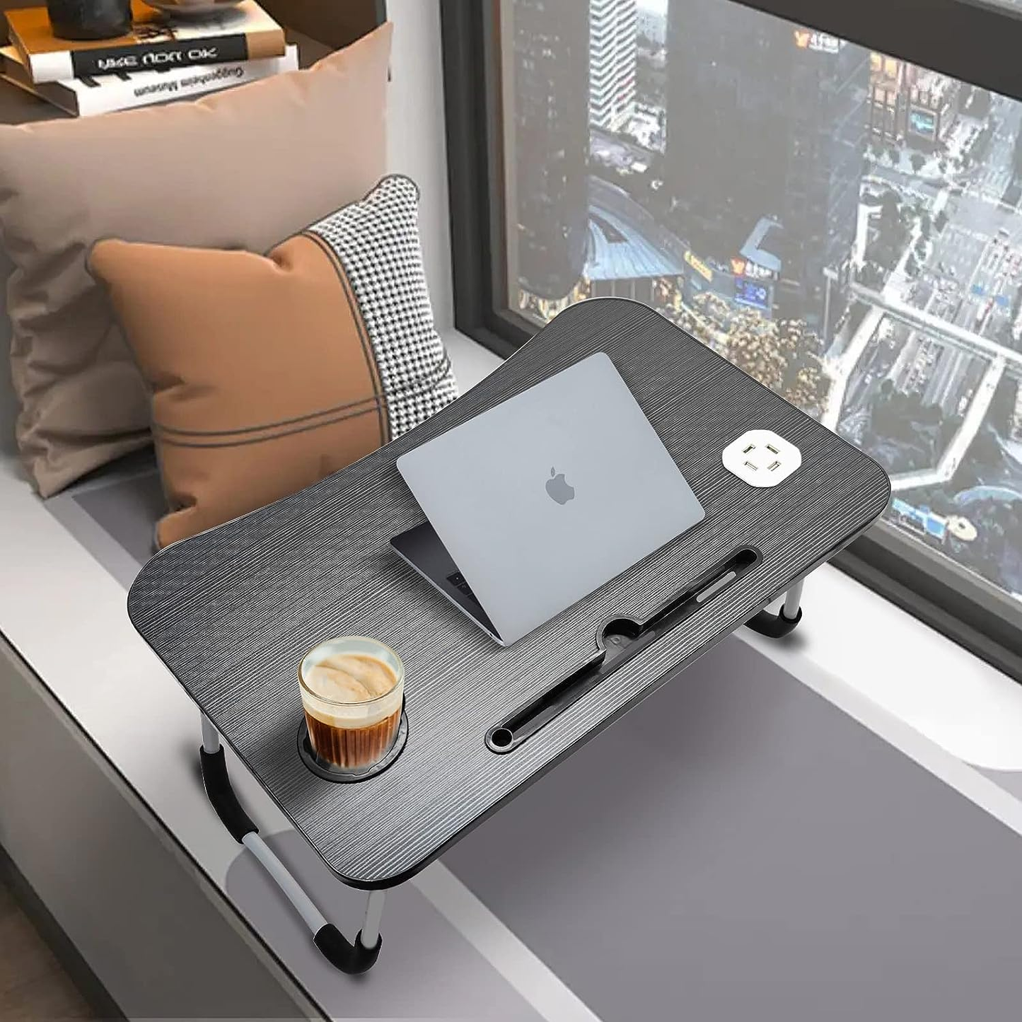 Laptop Desk Bed Table Tray Folding Breakfast Table Portable Lap Standing Desk Notebook Stand Reading Holder for Bed/Sofa Large Lap Desk with USB-Charger and Cup-Holder-3