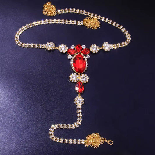 Sexy Body Chain Lingerie Red Crystal Thong Panties Jewelry for Women Silver Color Rhinestone Belly Waist Chain Body Jewelry Gift