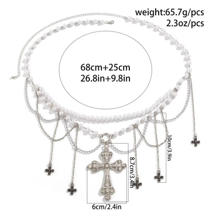 Salircon Steampunk Metal Mesh Tassel Cross Pendant Waist Chain Sexy Gothic Imitation Pearl Body Chain Women'S Bar Body Jewelry