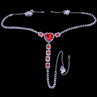 Sexy Body Chain Lingerie Red Crystal Thong Panties Jewelry for Women Silver Color Rhinestone Belly Waist Chain Body Jewelry Gift