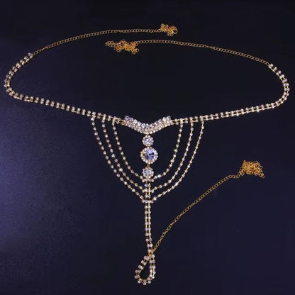 Sexy Body Chain Lingerie Red Crystal Thong Panties Jewelry for Women Silver Color Rhinestone Belly Waist Chain Body Jewelry Gift