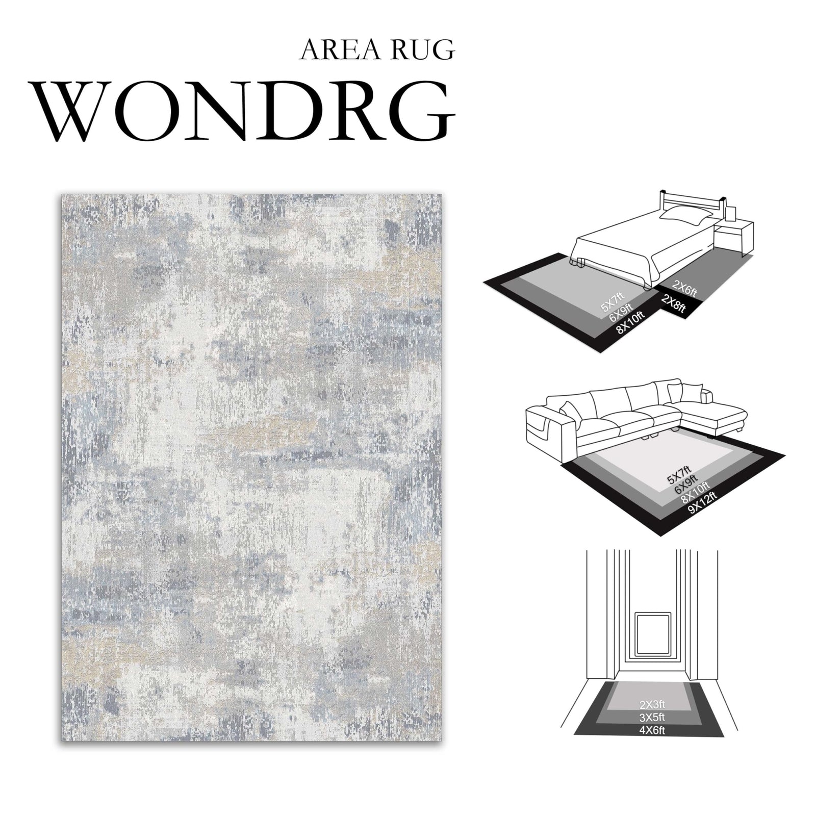 6X9 Washable Area Rug Blue Cream Neutral Abstract Living Room Bedroom Large T...