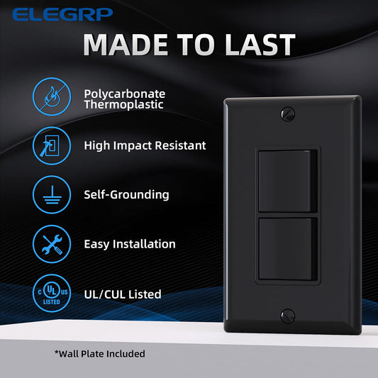 Decorator Double Rocker Light Switch, Two Single Pole Electrical Paddle, 15A 120V, In-Wall On/Off, Self-Grounding, Wall Plate Included, UL Listed (2 Pack, Glossy Black)
