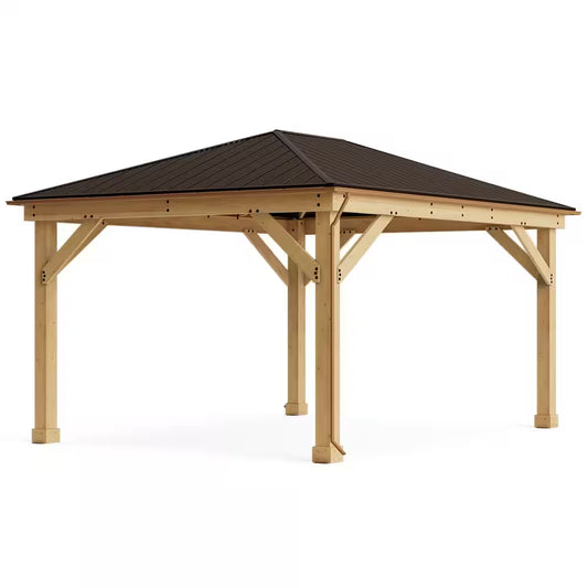 Meridian 12 Ft. X 16 Ft. Outdoor Patio Shade Gazebo with Coffee Brown Aluminum Roof and Rain Gutter Kit Included
