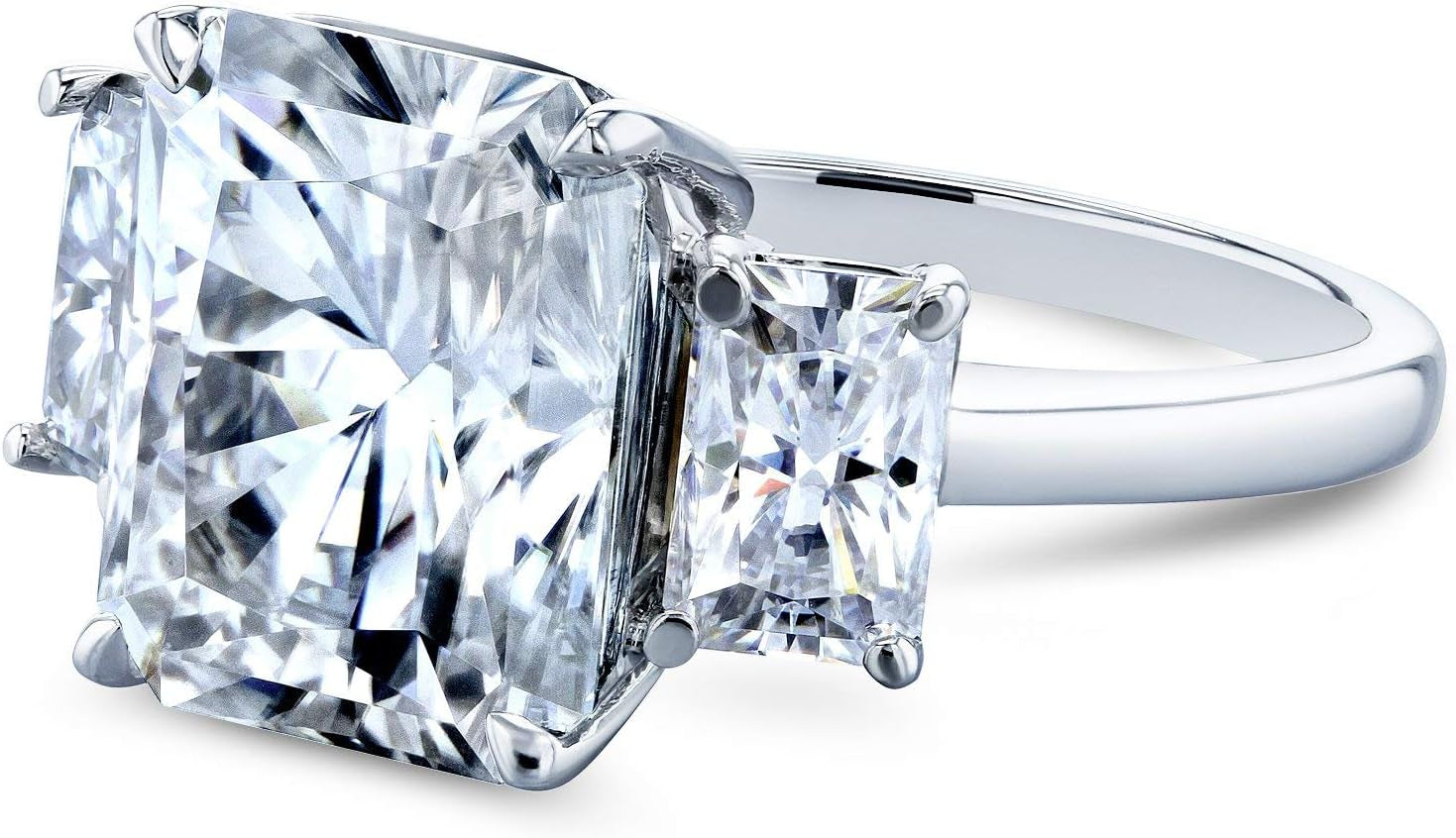 6 3/4 Carats Forever One Radiant Moissanite 3-Stone Statement Ring 14K White Gold