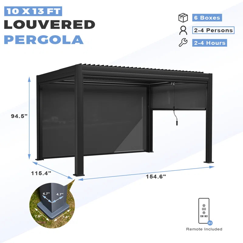 13 Ft. W X 10 Ft. D Outdoor Louvered Pergola with Auto Adjustable Aluminum Rainproof Roof & Auto Curtains, Patio Pergola with Light String & Remote Controller, Black