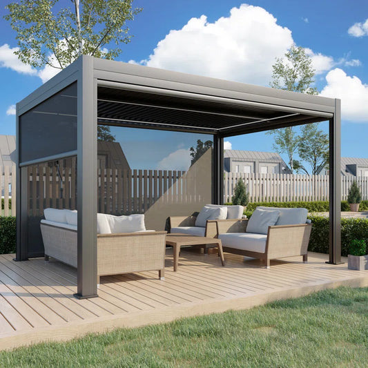 13 Ft. W X 10 Ft. D Outdoor Louvered Pergola with Auto Adjustable Aluminum Rainproof Roof & Auto Curtains, Patio Pergola with Light String & Remote Controller, Black