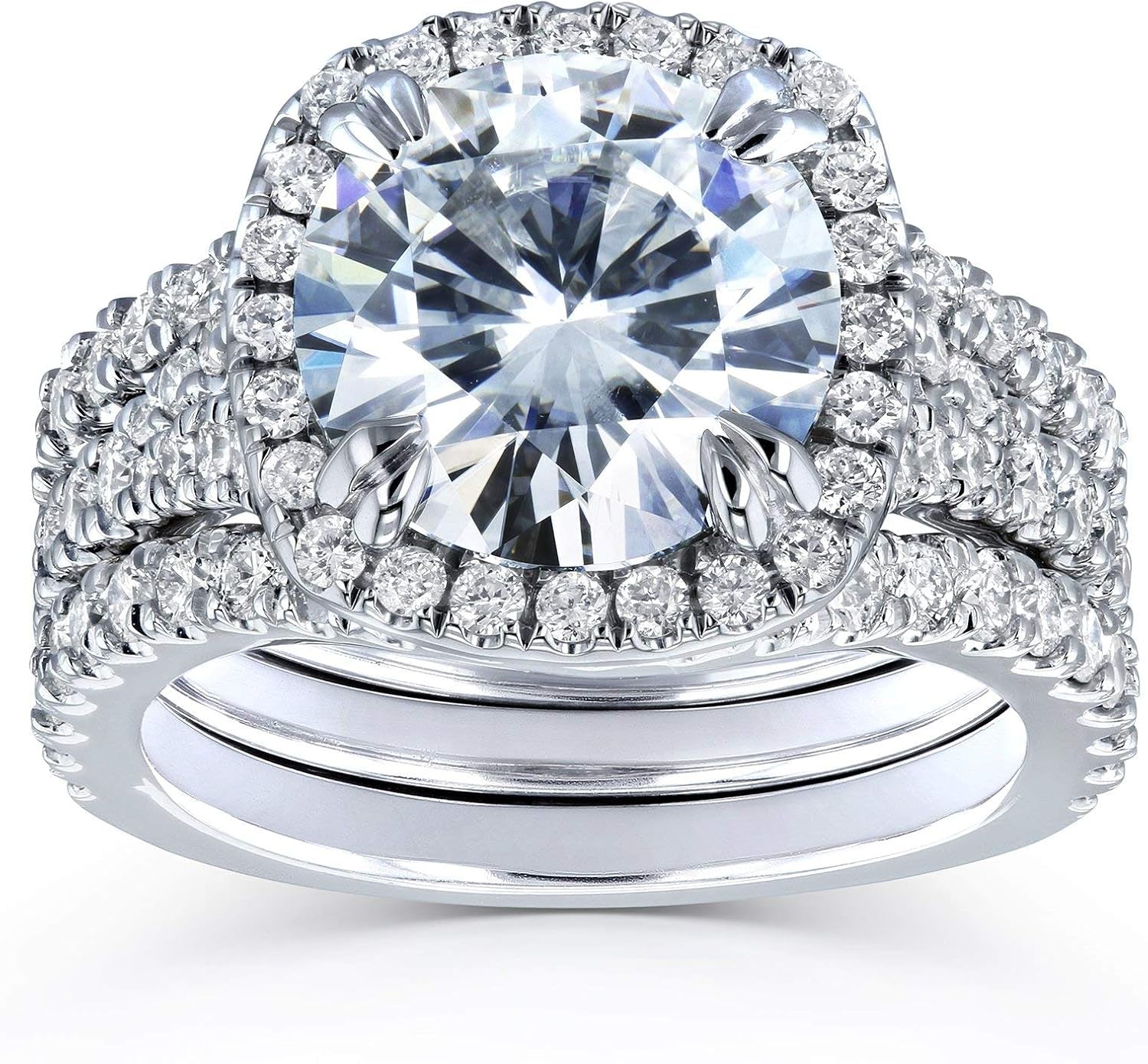 round Forever One D-F Moissanite Cushion Halo Bridal Wedding Set 4 1/3 CTW 14K White Gold 3 Piece Set