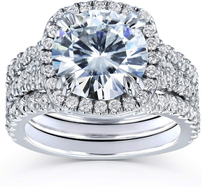 round Forever One D-F Moissanite Cushion Halo Bridal Wedding Set 4 1/3 CTW 14K White Gold 3 Piece Set