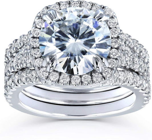 round Forever One D-F Moissanite Cushion Halo Bridal Wedding Set 4 1/3 CTW 14K White Gold 3 Piece Set