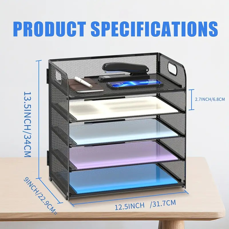 Black Mesh Desktop File Organizer - 5-Layer, Portable and Sleek Design-1