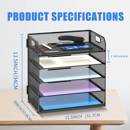 Black Mesh Desktop File Organizer - 5-Layer, Portable and Sleek Design-1